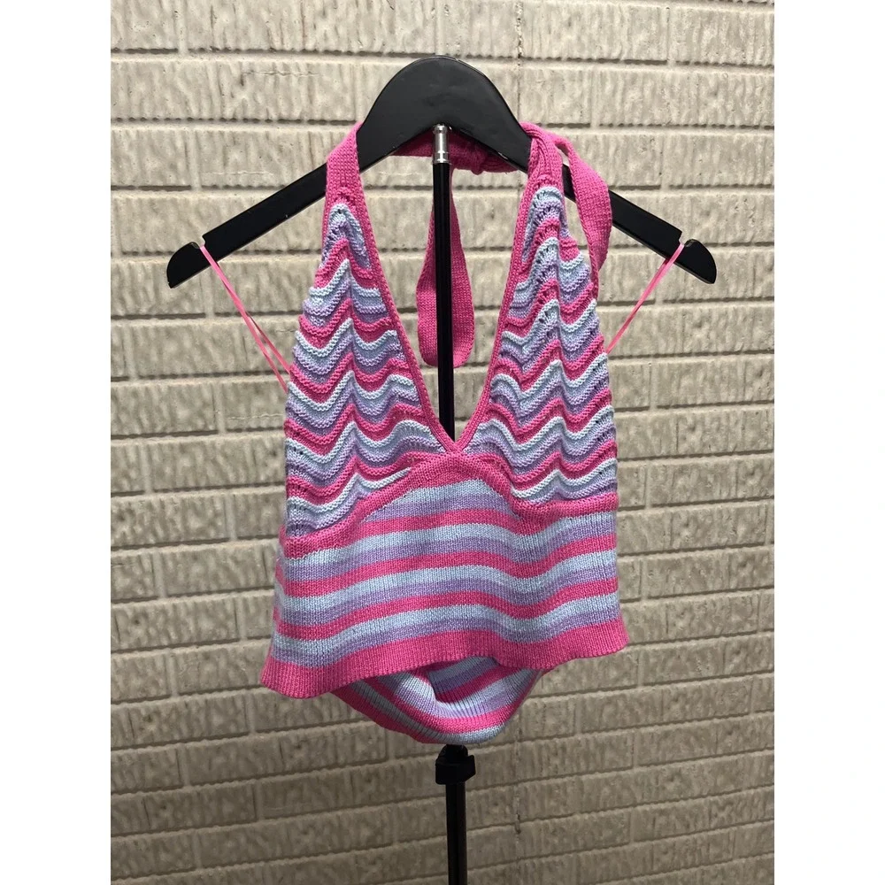 No Boundaries Crochet Halter Top and Mini Skirt Set Pink Purple XL 16-18 NWT